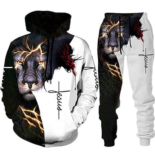 seiveini Herren Trainingsanzug 3D Gedruckter Jogginganzug Herren Zweiteiliges Set Freizeitanzug mit Löwen Tigermuster Sportswear für Herren Hoodie Jogging Hose B10 5XL von seiveini