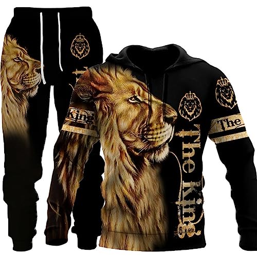 seiveini Herren Trainingsanzug 3D Gedruckter Jogginganzug Herren Zweiteiliges Set Freizeitanzug mit Löwen Tigermuster Sportswear für Herren Hoodie Jogging Hose B11 4XL von seiveini