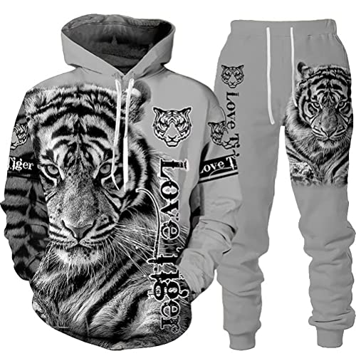 seiveini Herren Trainingsanzug 3D Gedruckter Jogginganzug Herren Zweiteiliges Set Freizeitanzug mit Löwen Tigermuster Sportswear für Herren Hoodie Jogging Hose B8 5XL von seiveini