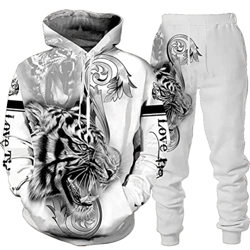 seiveini Herren Trainingsanzug 3D Gedruckter Jogginganzug Herren Zweiteiliges Set Freizeitanzug mit Löwen Tigermuster Sportswear für Herren Hoodie Jogging Hose B9 4XL von seiveini