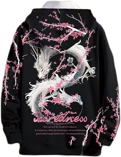 seiveini Hoodie Unisex Kapuzenpullover Techwear Pullover mit Kapuzen Paar Sweatshirt Herren Hip Hop Streetwear Chinesischer Stil Animes Oversized Vintage E Schwarz L von seiveini