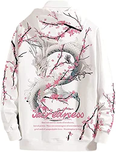 seiveini Hoodies Herren Techwear Hip Hop Streetwear Urban Sweatshirt Kapuzenpullover Chinesisches Löwentanz Schriftzeichen Drucken Pullover Japanischer E Weiß 3XL von seiveini