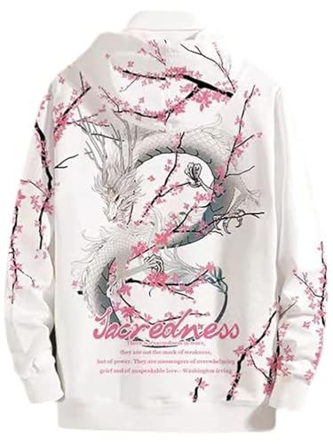 seiveini Hoodies Herren Techwear Hip Hop Streetwear Urban Sweatshirt Kapuzenpullover Chinesisches Löwentanz Schriftzeichen Drucken Pullover Japanischer E Weiß 3XL von seiveini