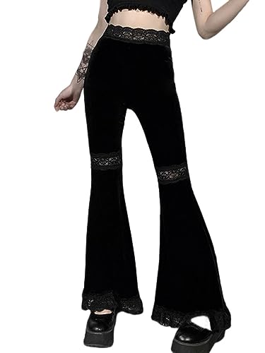 seiveini Hose Damen Vintage Gedruckt Spitze Ausgestellte Hose Lange Hohe Taille Damen Hose mit Spitze Weites Bein Hohl aus Gekratzt Spitze Bell Bottoms A1 L von seiveini