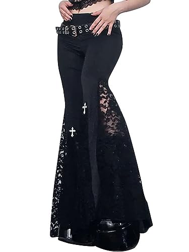 seiveini Hose Damen Vintage Gedruckt Spitze Ausgestellte Hose Lange Hohe Taille Damen Hose mit Spitze Weites Bein Hohl aus Gekratzt Spitze Bell Bottoms A3 S von seiveini