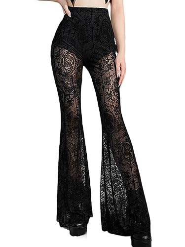 seiveini Hose Damen Vintage Gedruckt Spitze Ausgestellte Hose Lange Hohe Taille Damen Hose mit Spitze Weites Bein Hohl aus Gekratzt Spitze Bell Bottoms A5 L von seiveini