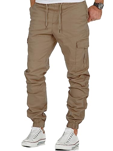 seiveini Hose Herren Casual Sommerhose Arbeitshose Anzughose mit Taschen Stretch Chinohose Mode Freizeithose Männer Slim Fit Business Hose Oversized Einfarbig B Khaki L von seiveini