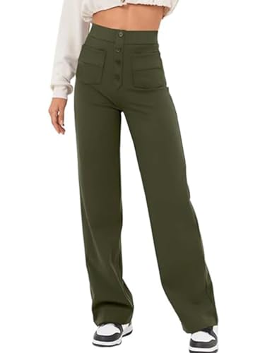 seiveini Hosen Damen Lang Hohe Taille Gerade Hose Elegant Elastischer Komfort Freizeithose mit Knopfleiste Taschen Stoffhose Casual Einfarbig Gerade Bein Anzughose Regular Fit A Armeegrün M von seiveini