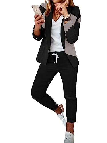 seiveini Hosenanzug Damen Elegant Business Anzug Set Blazer Hose Outfit Zweiteiler Slimfit Freizeitanzug Damen Festlich 2 Stück Buisnesskleidung Frauen Hosenanzüge Mode B Grau+Schwarz L von seiveini