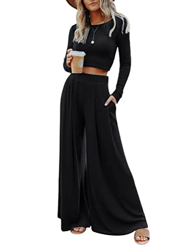 seiveini Hosenanzug Damen Langarm Hemd und Schlaghose Sets 2-teiler Freizeitanzug Geradepants Outfit Kombiset Mode Sportanzug Chic Einfarbig D Schwarz XXL von seiveini