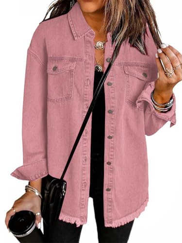 seiveini Jacke Damen Lang Jeans Hemdjacke Herbst Frühling Freizeitjacke Langarm Denim Jacken Vintage Jeanshemd A Hellrosa S von seiveini