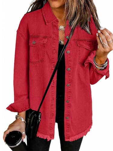seiveini Jacke Damen Lang Jeans Hemdjacke Herbst Frühling Freizeitjacke Langarm Denim Jacken Vintage Jeanshemd A Rot L von seiveini