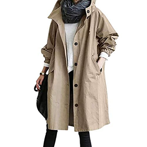 seiveini Jacke Damen Lang mit Kapuze Winddicht Parka Damen Trenchcoat Wasserdichte Kapuzenjacke mit Tasche Große Größen Übergangsmantel Regenjacke mit Kapuzen A Khaki M von seiveini