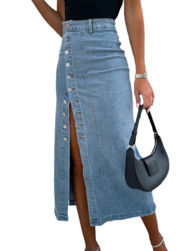 seiveini Jeansrock Damen Lang Denim Rock mit Knopfdekor Seitenschlitz Jeans Röcke Vintage Bleistiftrock Elegant Hüftenrock mit Schlitz Wickelrock A Hellblau XL von seiveini