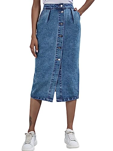 seiveini Jeans Rock Damen Knielang mit Knöpfe Schlitz Röcke Stretch Hohe Taille Sommerrock Freizeitrock H Blau M von seiveini