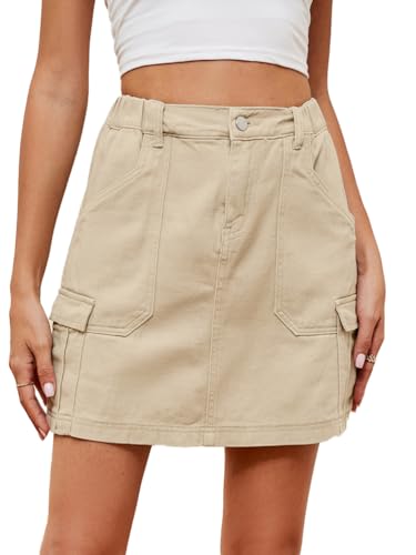 seiveini Jeans Rock Damen Kurze Gewaschen Jean Röcke mit Taschen Hüftenrock Cargo Jeansrock Lässige Bleistiftrock Freizeitrock Partyrock Washed Denim Skirt C Beige XL von seiveini