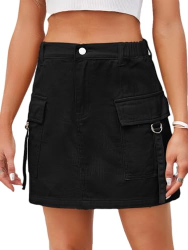 seiveini Jeansrock Damen Kurz Rock Y2K Vintage Minirock Denim Skirts Kurzer Sommerrock Cargo Röcke Bleistiftrock Freizeitrock D Schwarz XXL von seiveini