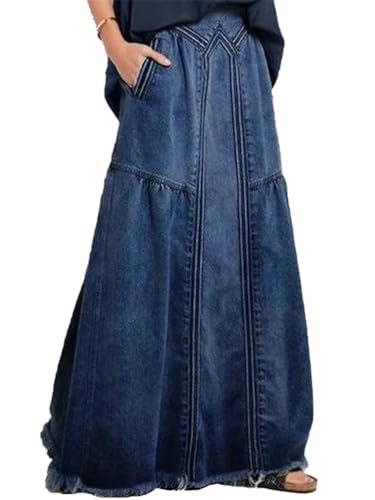 seiveini Jeansrock Damen Langer Rock A-Line Höhe Taille Elastische Denim Röcke Chic Elegant Sommerrock Freizeitrock B Dunkelblau XXL von seiveini