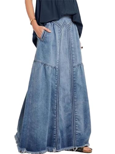 seiveini Jeansrock Damen Langer Rock A-Line Höhe Taille Elastische Denim Röcke Chic Elegant Sommerrock Freizeitrock B Hellblau M von seiveini