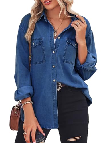 seiveini Jeansbluse Damen Leicht Jeanshemd mit Brusttaschen Western Hemden Tunika Langarm Button Down Shirt A Dunkelblau L von seiveini