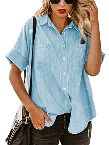 seiveini Jeanshemd Damen Kurzarm Jeansblusen Button Down Lose Blusen Tops Lässig Jeans Bluse Sommer Oberteiles Tunika Elegant Hemd Casual A Hellblau M von seiveini