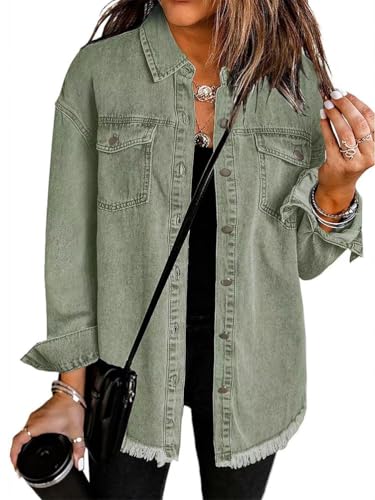 seiveini Jacke Damen Lang Jeans Hemdjacke Herbst Frühling Freizeitjacke Langarm Denim Jacken Vintage Jeanshemd A Hellgrün L von seiveini