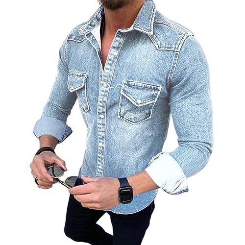 seiveini Jeanshemd Herren Langarm Classic Jeansjacke Revers mit Knopfverschluss Übergangsjacke Slim Fit Denim Jacket Vintage Herbst Frühling Militärjacke Retro A Hellblau XXL von seiveini