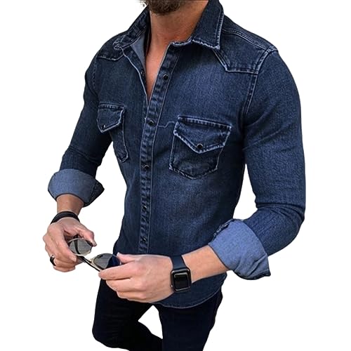 seiveini Jeanshemd Herren Langarm Classic Jeansjacke Revers mit Knopfverschluss Übergangsjacke Slim Fit Denim Jacket Vintage Herbst Frühling Militärjacke Retro A Marine M von seiveini