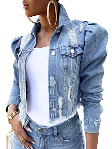 seiveini Jeansjacke Damen Kurz Übergangsjacke Leichte Herbst und Winter Denim Jacke Waschungseffekt Langarm Revers Destroyed Denim Shirt Casual E Blau M von seiveini