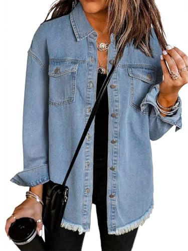 seiveini Jeansjacke Damen Oversize Ripped Jean Jacken Lang mit Tasche Denim Jacke Langarm Hemdjacke Casual Streetwear A Hellblau S von seiveini