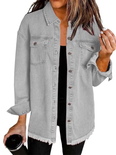 seiveini Jeansjacke Damen Oversize Ripped Jean Jacken Lang mit Tasche Denim Jacke Langarm Hemdjacke Casual Streetwear A Hellgrau L von seiveini