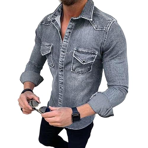 seiveini Jeansjacke Herren Denim Übergangsjacke mit Taschen und Knopfleiste Jean Mantel Herren Trucker Jacket Retro Regular Fit Jeans-Jacke für Männer Herbst Winter A Grau L von seiveini
