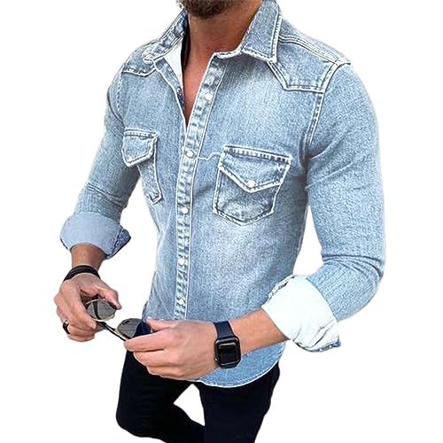 seiveini Jeansjacke Herren Denim Übergangsjacke mit Taschen und Knopfleiste Jean Mantel Herren Trucker Jacket Retro Regular Fit Jeans-Jacke für Männer Herbst Winter A Hellblau 3XL von seiveini