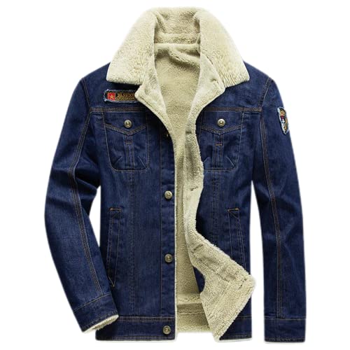 seiveini Jeansjacke Herren Vintage Parka Mantel Denim mit Taschen Übergangsjacke Große Größe Knopfverschluss Jacke Jeans Militär Cargo Jacke Teddyfleece Gefüttert A Blau XL von seiveini