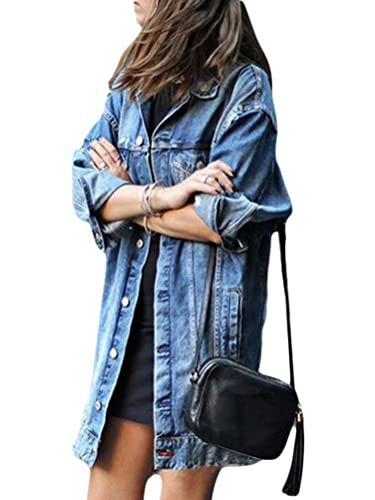 seiveini Jeansjacken Damen Herbst und Winter Übergangsjacke Leichte Dünner Denim Jacket Ripped Casual Jacken Loose Streetwear E Dunkelblau 3XL von seiveini