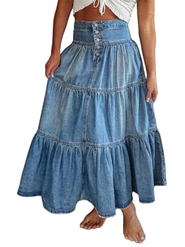 seiveini Jeansrock Damen Lang Denim Rock A-Line Höhe Taille Jeans Röcke Damen Elegant Boho Stufenrock mit Knopf High Waist Sommerrock Freizeitrock A Blau XL von seiveini