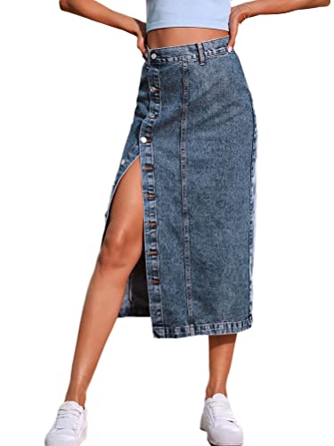seiveini Jeans Rock Damen Knielang mit Knöpfe Schlitz Röcke Stretch Hohe Taille Sommerrock Freizeitrock A Grau L von seiveini