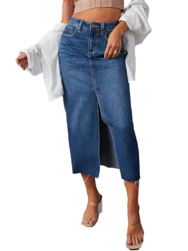 seiveini Rock Damen Lang Jeansrock mit Schlitz Vorne Jeans Röcke Knielang Hüftenrock Denim Partyrock L Dunkelblau L von seiveini
