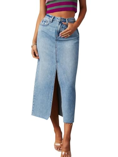 seiveini Jeans Rock Damen Knielang mit Knöpfe Schlitz Röcke Stretch Hohe Taille Sommerrock Freizeitrock L Hellblau XL von seiveini