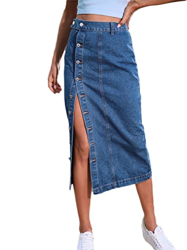 seiveini Jeans Rock Damen Knielang mit Knöpfe Schlitz Röcke Stretch Hohe Taille Sommerrock Freizeitrock A Dunkelblau L von seiveini