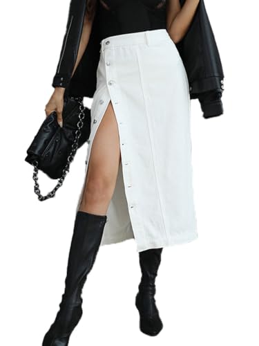 seiveini Rock Damen Lang Jeansrock mit Schlitz Vorne Jeans Röcke Knielang Hüftenrock Denim Partyrock A Weiß M von seiveini