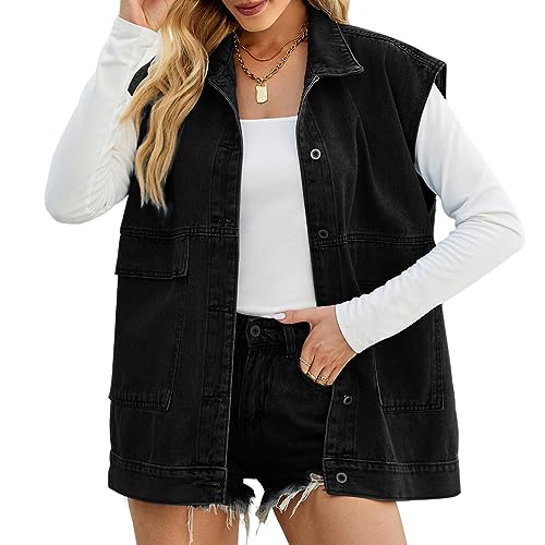 seiveini Jeansweste Damen Hooded Jacke Ärmellos Revers Jeansjacke mit Abnehmbarem Kapuzen Used Look Denim Weste mit Knopfleiste und Tasche Kapuzen Jeansweste A Schwarz S von seiveini