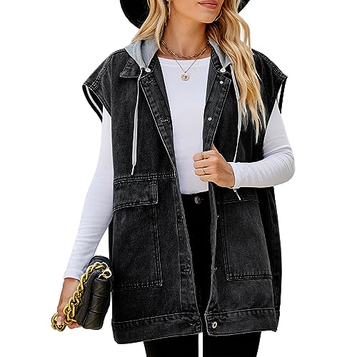 seiveini Jeansweste für Damen Ärmellos Jeansjacke mit Knopf und Große Taschen Geknöpfte Jeansjackenweste Damen Jeansweste mit Kapuze Oversized Boyfriend Denim Jeans Weste B Dunkelgrau S von seiveini