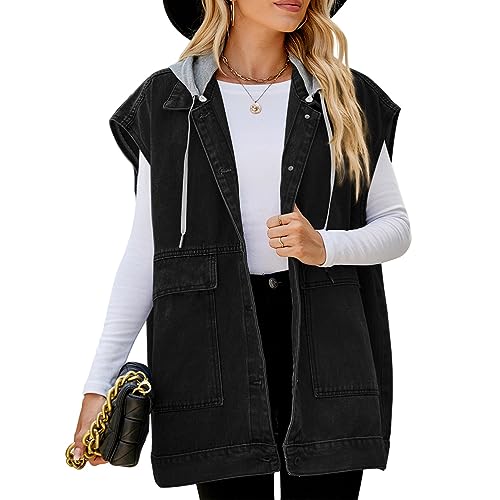 seiveini Jeansweste für Damen Ärmellos Jeansjacke mit Knopf und Große Taschen Geknöpfte Jeansjackenweste Damen Jeansweste mit Kapuze Oversized Boyfriend Denim Jeans Weste B Schwarz S von seiveini