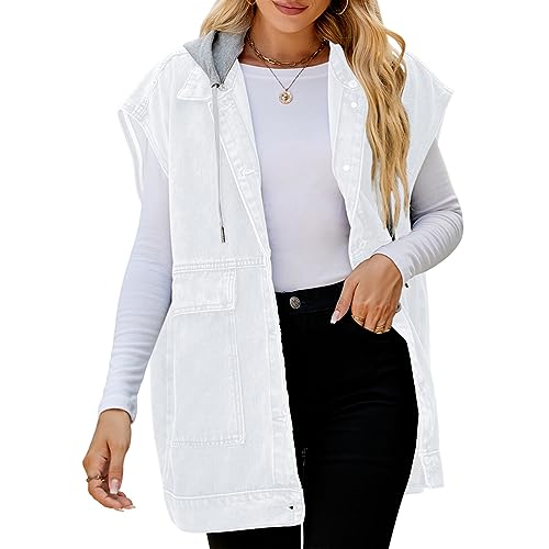 seiveini Jeansweste für Damen Ärmellos Jeansjacke mit Knopf und Große Taschen Geknöpfte Jeansjackenweste Damen Jeansweste mit Kapuze Oversized Boyfriend Denim Jeans Weste B Weiß XL von seiveini