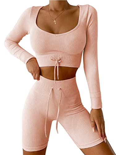 seiveini Jogginganzug Damen Traingsanzug 2 Teile Nahtlose Sportanzug Damen Langarmshirt Crop Top und Hohe Taille Yoga-Leggings Sport Sets Freizeitanzug Yoga Outfit A Rosa L von seiveini