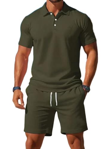 seiveini Jogginganzug Herren Kurzarm Poloshirt + Kurze Hosen Freizeitanzüge Männer Leicht Einfarbig A Armeegrün S von seiveini