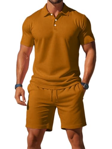 seiveini Jogginganzug Herren Kurzarm Poloshirt + Kurze Hosen Freizeitanzüge Männer Leicht Einfarbig A Braun XXL von seiveini
