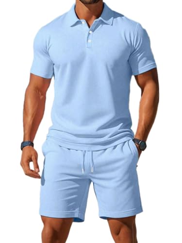 seiveini Jogginganzug Herren Kurzarm Poloshirt + Kurze Hosen Freizeitanzüge Männer Leicht Einfarbig A Hellblau S von seiveini
