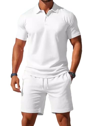 seiveini Jogginganzug Herren Kurzarm Poloshirt + Kurze Hosen Freizeitanzüge Männer Leicht Einfarbig A Weiß XL von seiveini